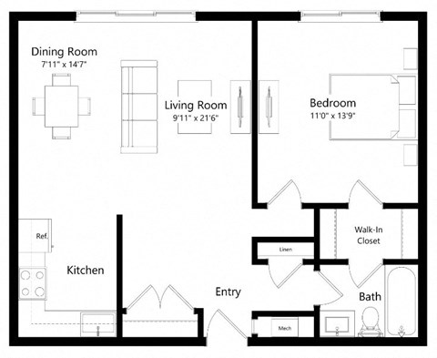 Floor plan for 1 bed, 1 bath, 714 sqft